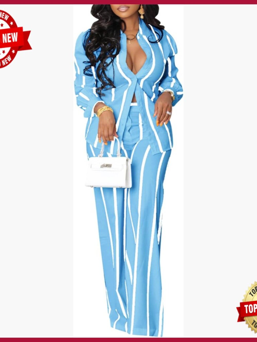 Lightweight Polyester Spandex Wide Leg Pants Set Long Sleeve Button Down